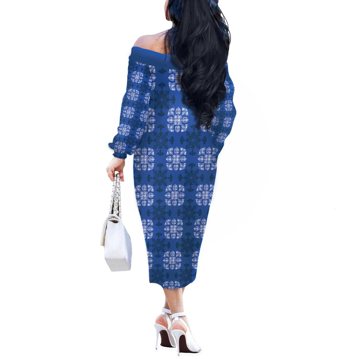 Royal Blue Hawaiian Quilt Off The Shoulder Long Sleeve Dress Hawaii Pineapple Monstera Palaka Motifs LT14 - Polynesian Pride