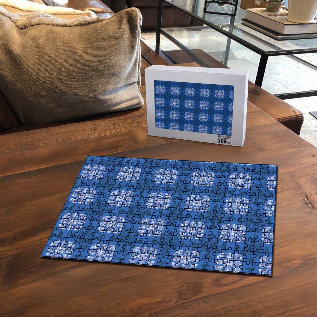 Royal Blue Hawaiian Quilt Puzzle Hawaii Pineapple Monstera Palaka Motifs - Polynesian Pride