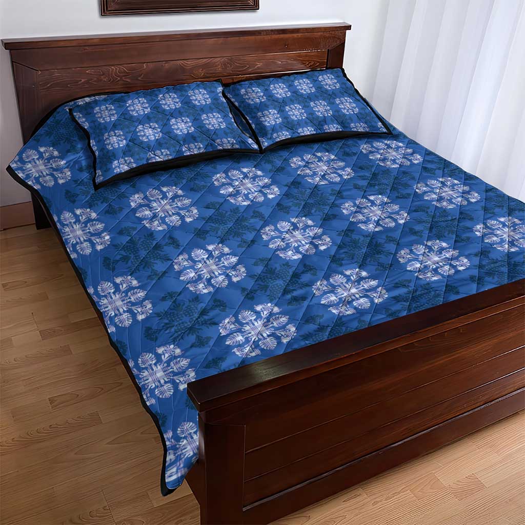 Royal Blue Hawaiian Quilt Quilt Bed Set Hawaii Pineapple Monstera Palaka Motifs - Polynesian Pride