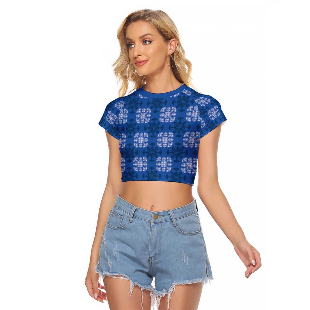 Royal Blue Hawaiian Quilt Raglan Cropped T Shirt Hawaii Pineapple Monstera Palaka Motifs - Polynesian Pride