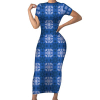 Royal Blue Hawaiian Quilt Short Sleeve Bodycon Dress Hawaii Pineapple Monstera Palaka Motifs LT14 Long Dress Royal Blue - Polynesian Pride