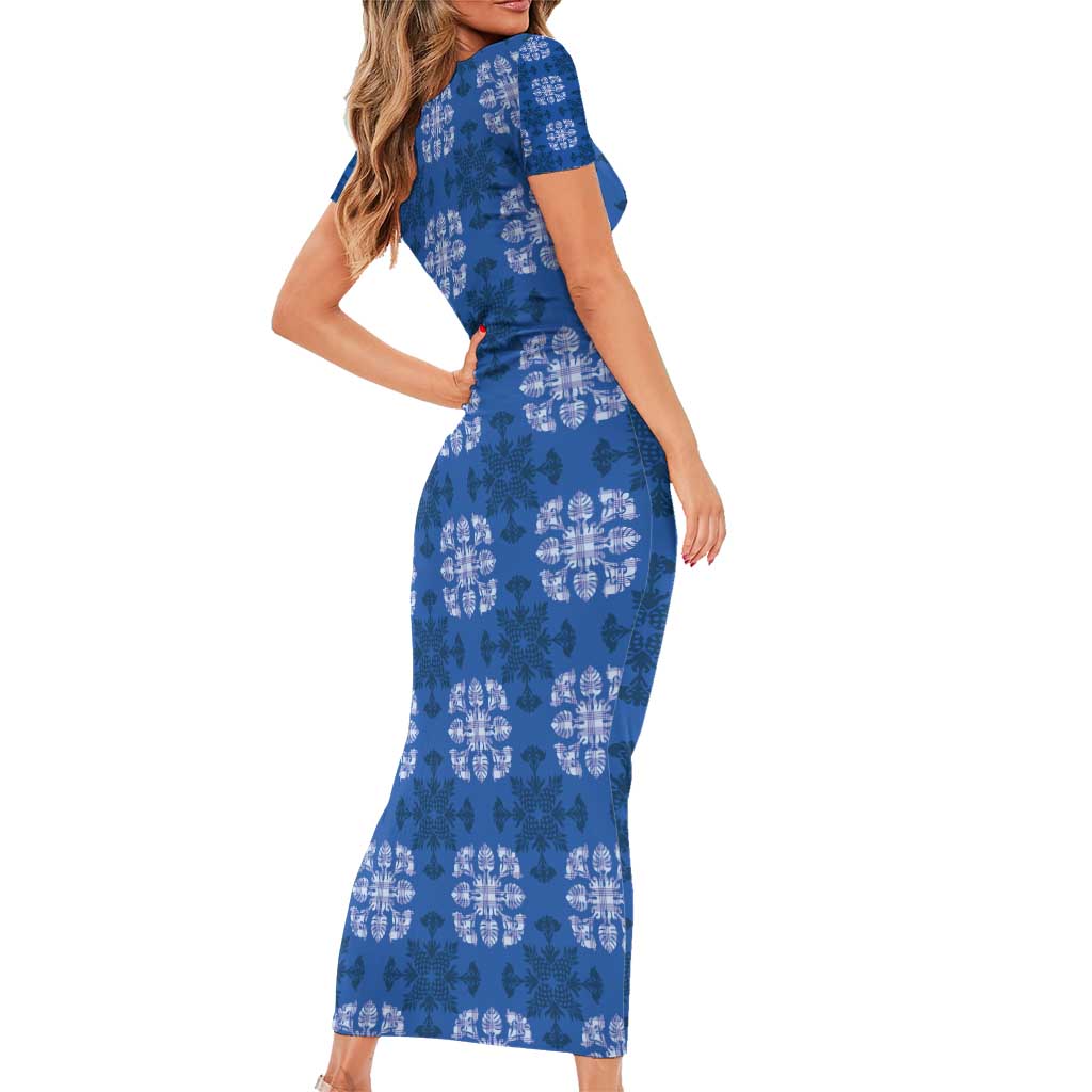 Royal Blue Hawaiian Quilt Short Sleeve Bodycon Dress Hawaii Pineapple Monstera Palaka Motifs LT14 - Polynesian Pride