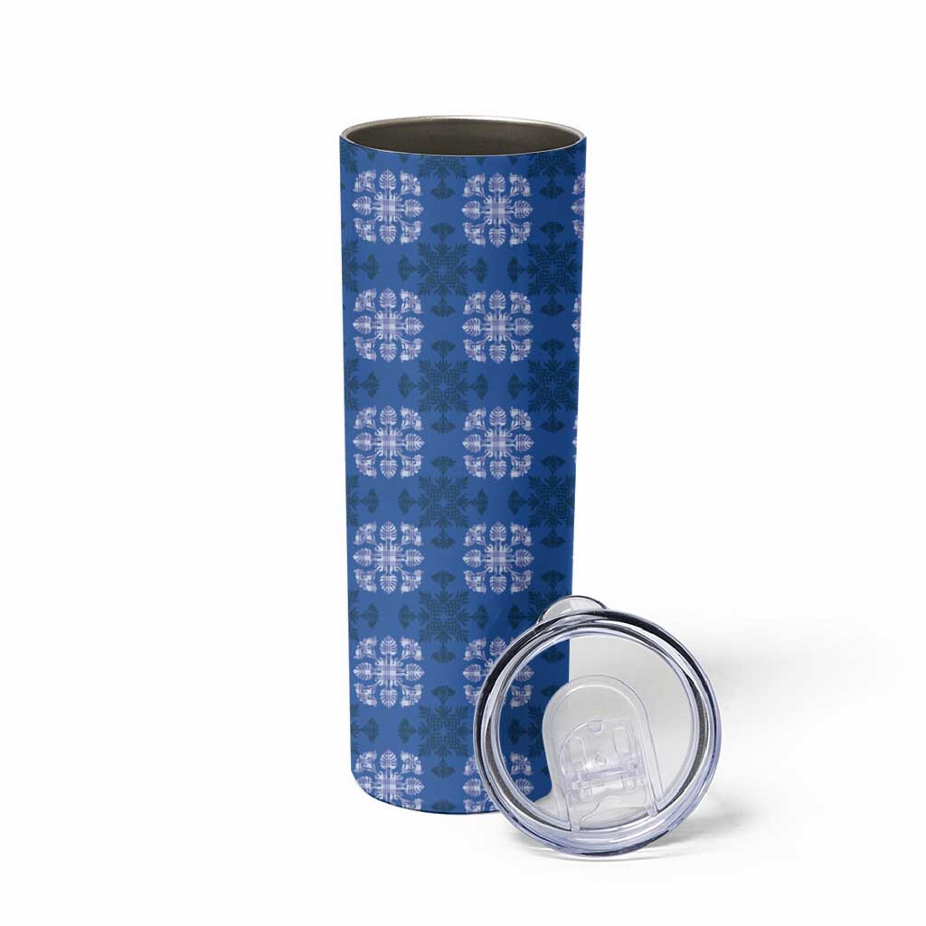 Royal Blue Hawaiian Quilt Skinny Tumbler Hawaii Pineapple Monstera Palaka Motifs LT14 - Polynesian Pride