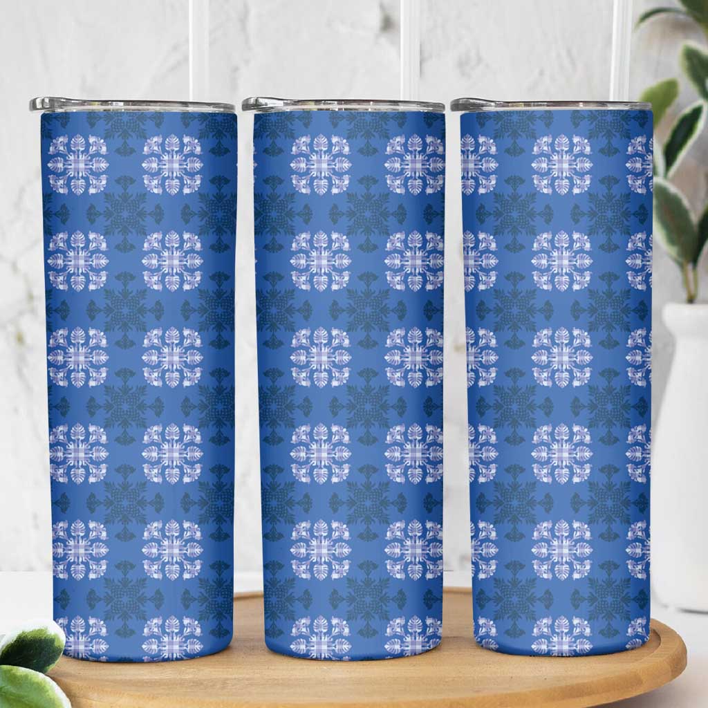Royal Blue Hawaiian Quilt Skinny Tumbler Hawaii Pineapple Monstera Palaka Motifs LT14 - Polynesian Pride