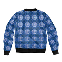 Royal Blue Hawaiian Quilt Sleeve Zip Bomber Jacket Hawaii Pineapple Monstera Palaka Motifs - Polynesian Pride