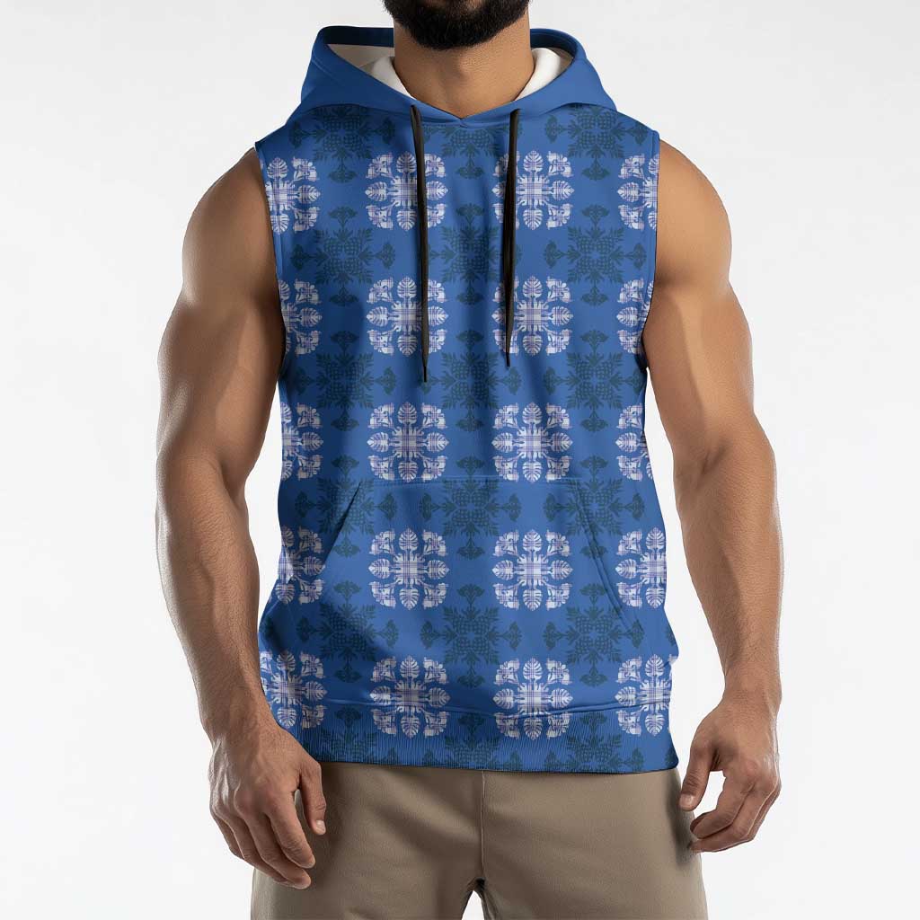 Royal Blue Hawaiian Quilt Sleeveless Hoodie Hawaii Pineapple Monstera Palaka Motifs LT14 - Polynesian Pride