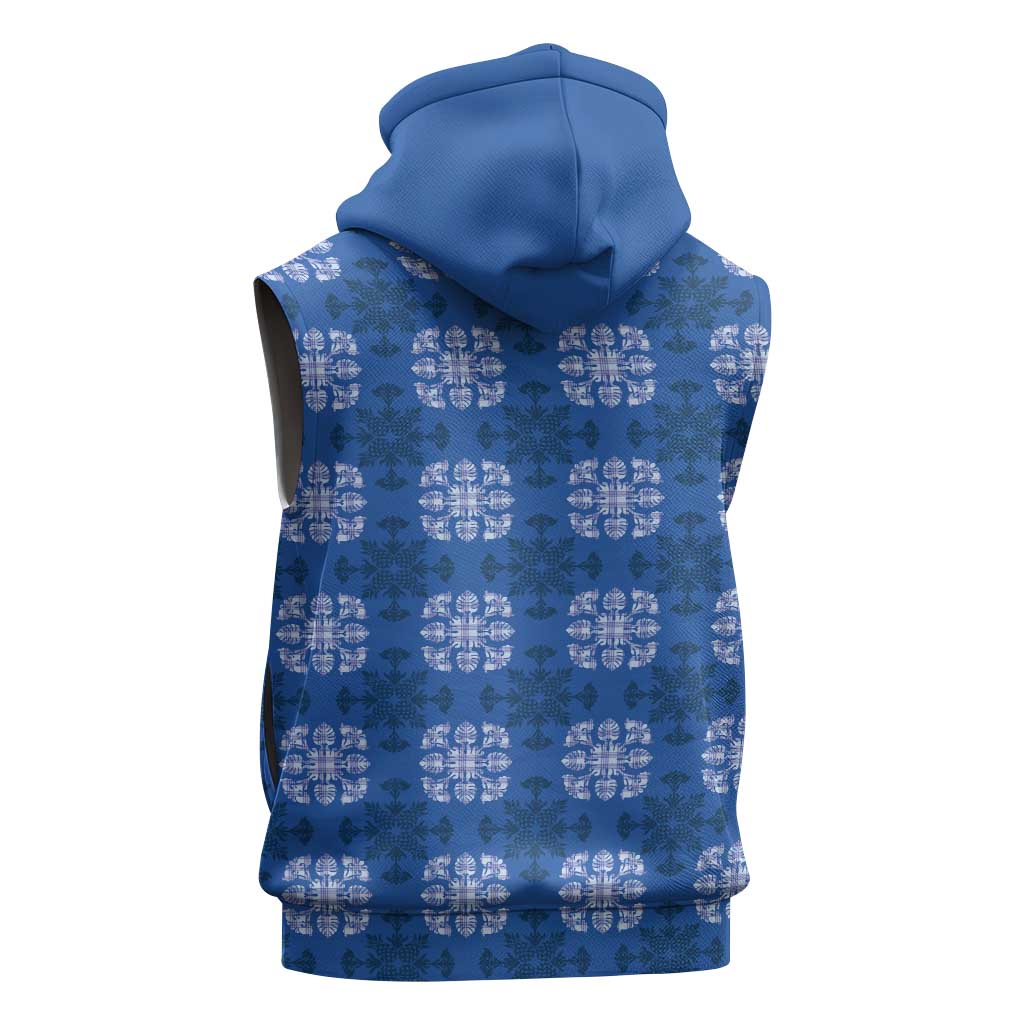 Royal Blue Hawaiian Quilt Sleeveless Zip Hoodie Hawaii Pineapple Monstera Palaka Motifs LT14 - Polynesian Pride