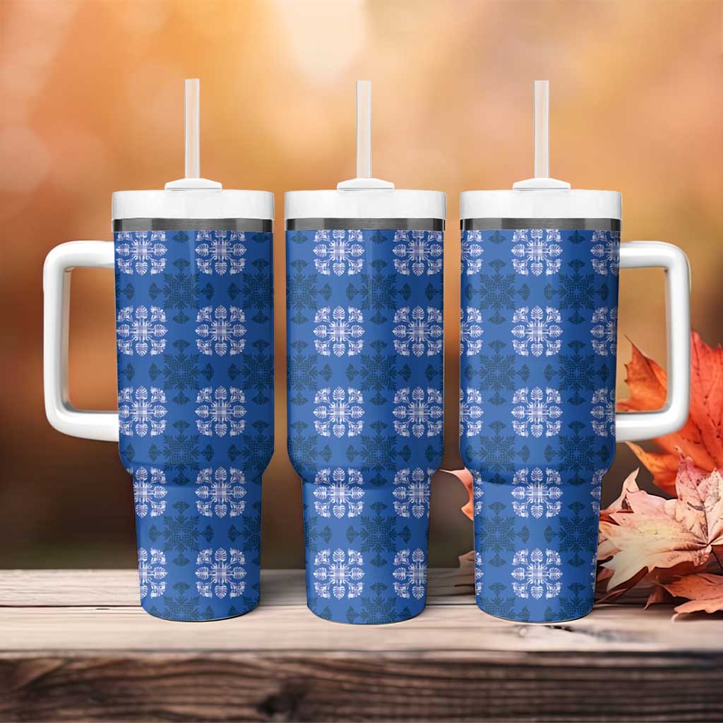 Royal Blue Hawaiian Quilt Tumbler With Handle Hawaii Pineapple Monstera Palaka Motifs - Polynesian Pride