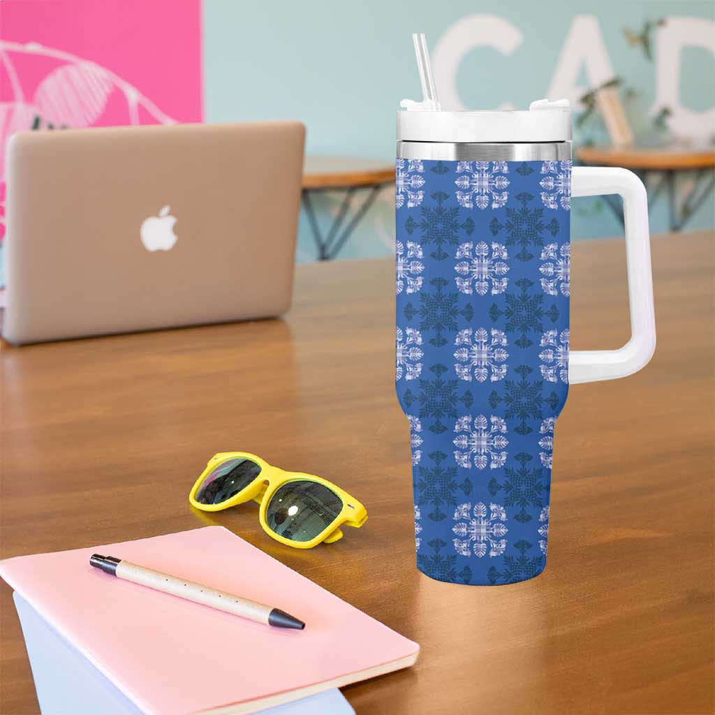 Royal Blue Hawaiian Quilt Tumbler With Handle Hawaii Pineapple Monstera Palaka Motifs - Polynesian Pride