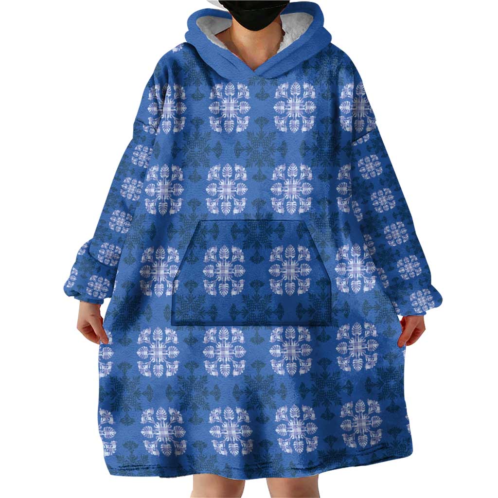 Royal Blue Hawaiian Quilt Wearable Blanket Hoodie Hawaii Pineapple Monstera Palaka Motifs LT14 - Polynesian Pride