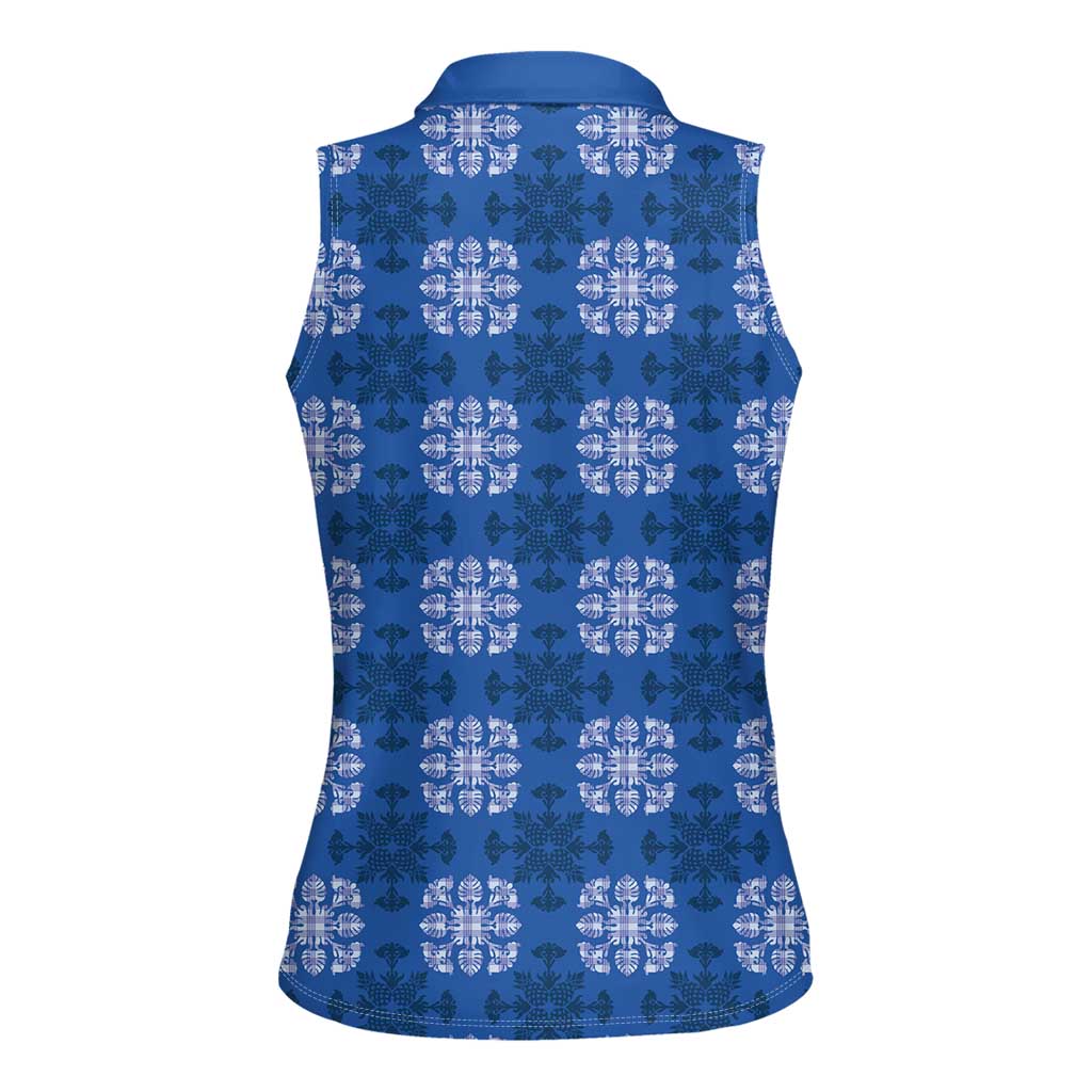 Royal Blue Hawaiian Quilt Women Sleeveless Polo Shirt Hawaii Pineapple Monstera Palaka Motifs LT14 - Polynesian Pride