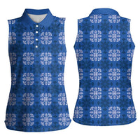 Royal Blue Hawaiian Quilt Women Sleeveless Polo Shirt Hawaii Pineapple Monstera Palaka Motifs LT14 - Polynesian Pride