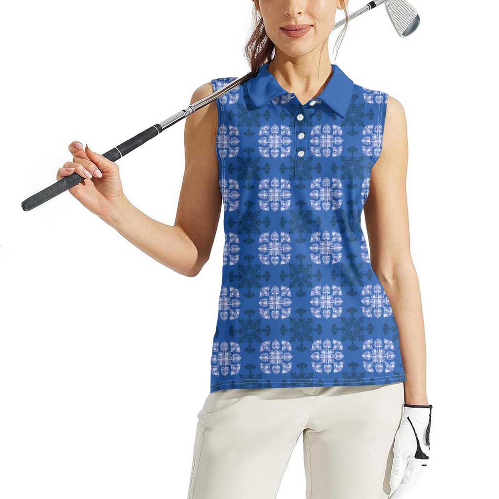 Royal Blue Hawaiian Quilt Women Sleeveless Polo Shirt Hawaii Pineapple Monstera Palaka Motifs LT14 - Polynesian Pride