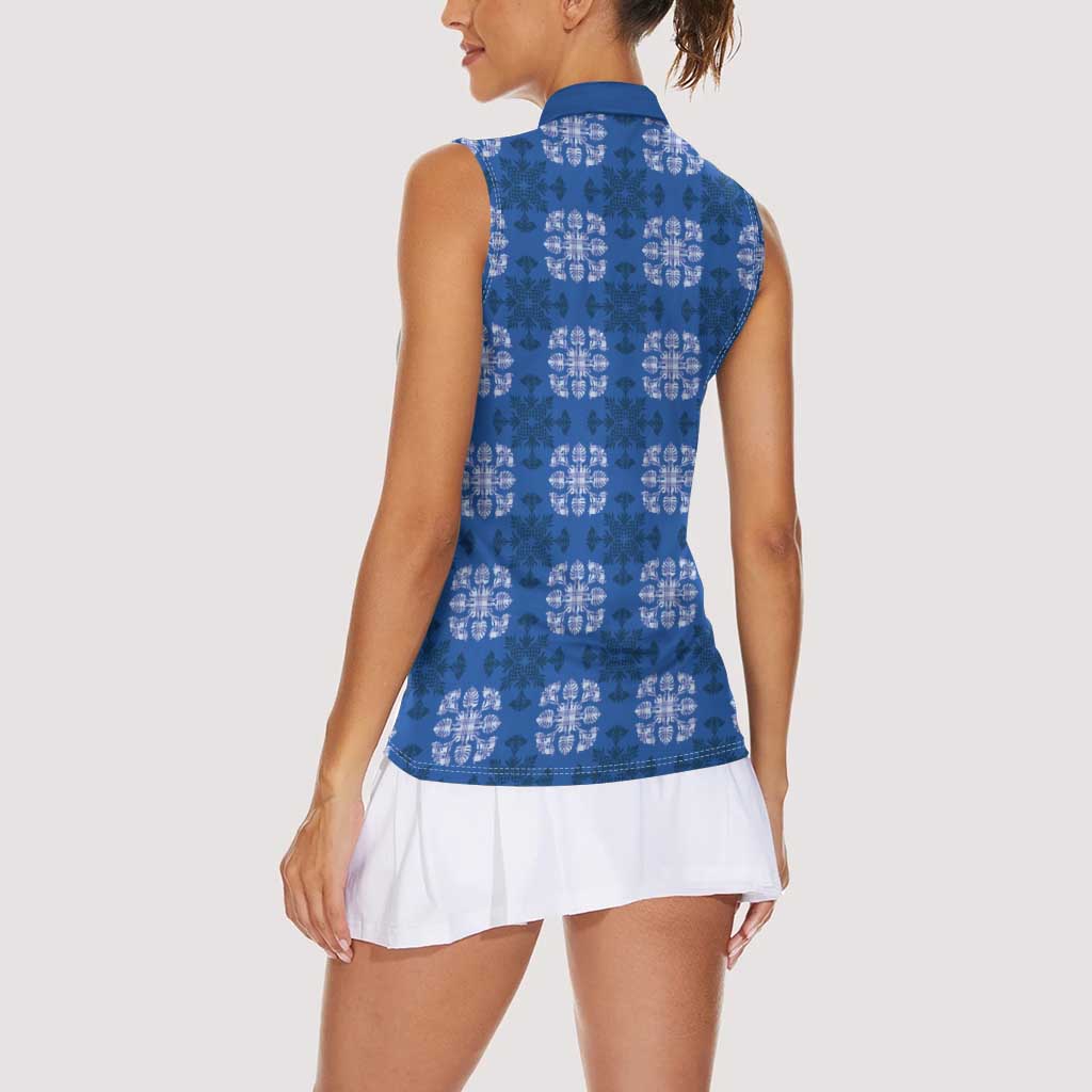 Royal Blue Hawaiian Quilt Women Sleeveless Polo Shirt Hawaii Pineapple Monstera Palaka Motifs LT14 - Polynesian Pride
