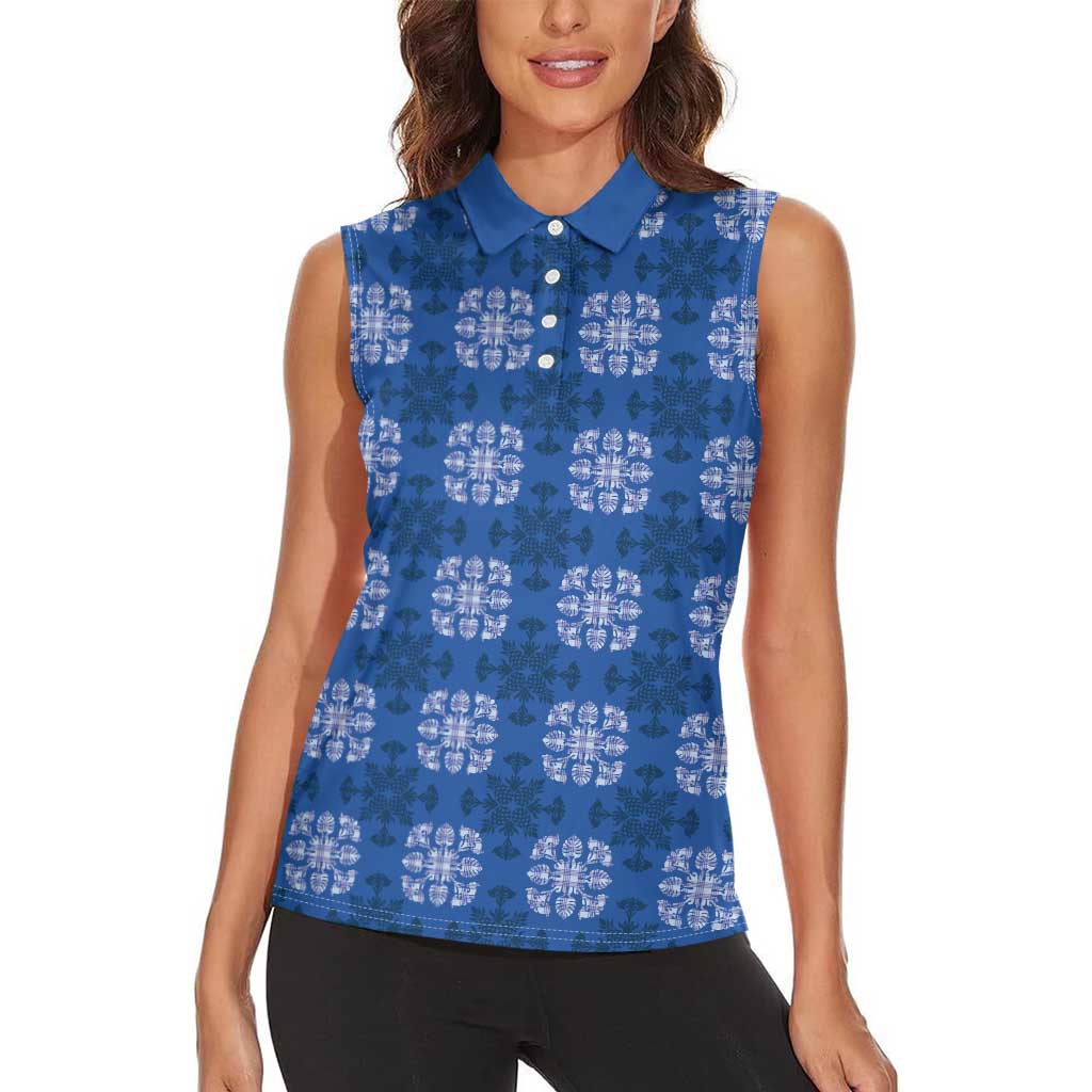 Royal Blue Hawaiian Quilt Women Sleeveless Polo Shirt Hawaii Pineapple Monstera Palaka Motifs LT14 - Polynesian Pride