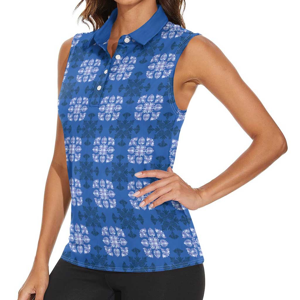 Royal Blue Hawaiian Quilt Women Sleeveless Polo Shirt Hawaii Pineapple Monstera Palaka Motifs LT14 - Polynesian Pride