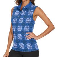 Royal Blue Hawaiian Quilt Women Sleeveless Polo Shirt Hawaii Pineapple Monstera Palaka Motifs LT14 - Polynesian Pride