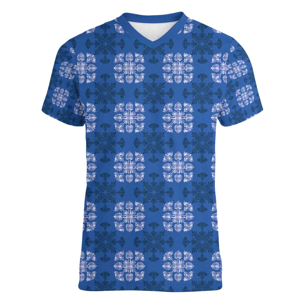 Royal Blue Hawaiian Quilt Women V-Neck T-Shirt Hawaii Pineapple Monstera Palaka Motifs LT14 Female Royal Blue - Polynesian Pride