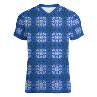 Royal Blue Hawaiian Quilt Women V-Neck T-Shirt Hawaii Pineapple Monstera Palaka Motifs LT14 Female Royal Blue - Polynesian Pride