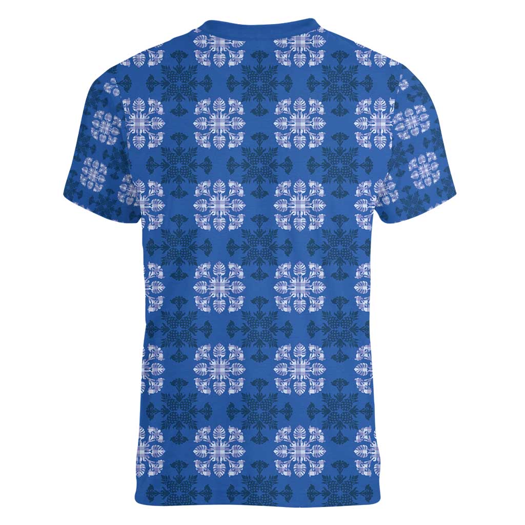 Royal Blue Hawaiian Quilt Women V-Neck T-Shirt Hawaii Pineapple Monstera Palaka Motifs LT14 - Polynesian Pride