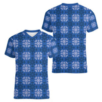 Royal Blue Hawaiian Quilt Women V-Neck T-Shirt Hawaii Pineapple Monstera Palaka Motifs LT14 - Polynesian Pride