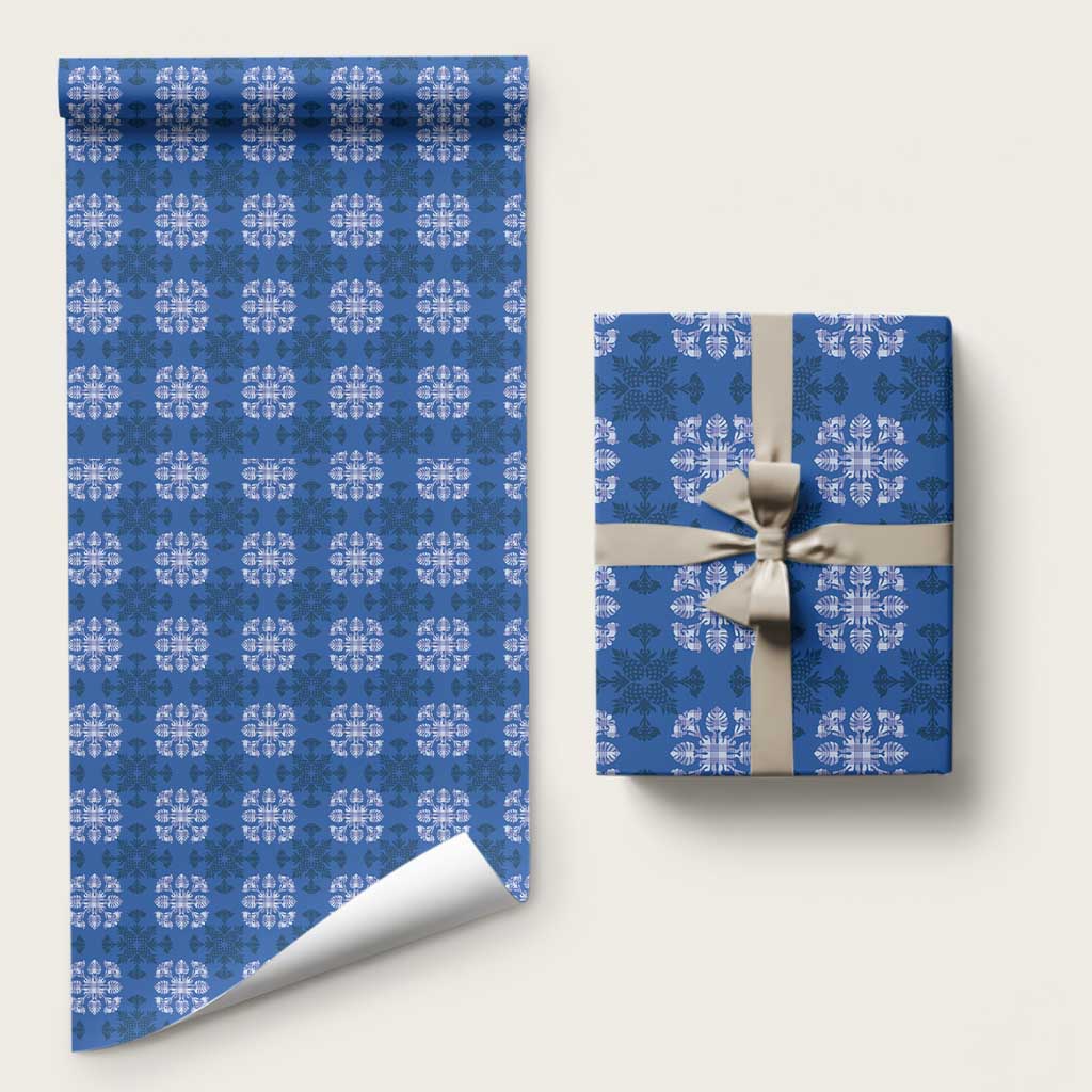 Royal Blue Hawaiian Quilt Wrapping Paper Hawaii Pineapple Monstera Palaka Motifs LT14 58" × 23" Royal Blue - Polynesian Pride