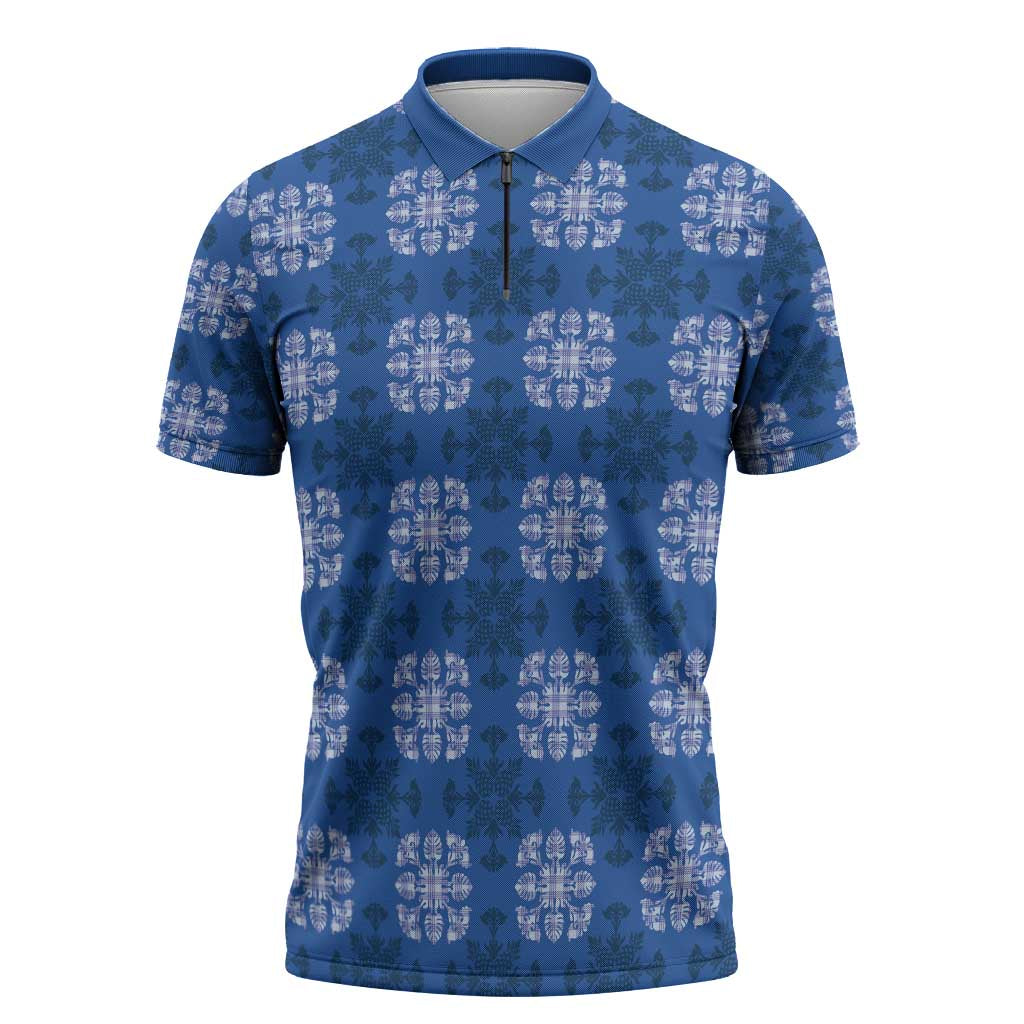 Royal Blue Hawaiian Quilt Zipper Polo Shirt Hawaii Pineapple Monstera Palaka Motifs LT14 Royal Blue - Polynesian Pride