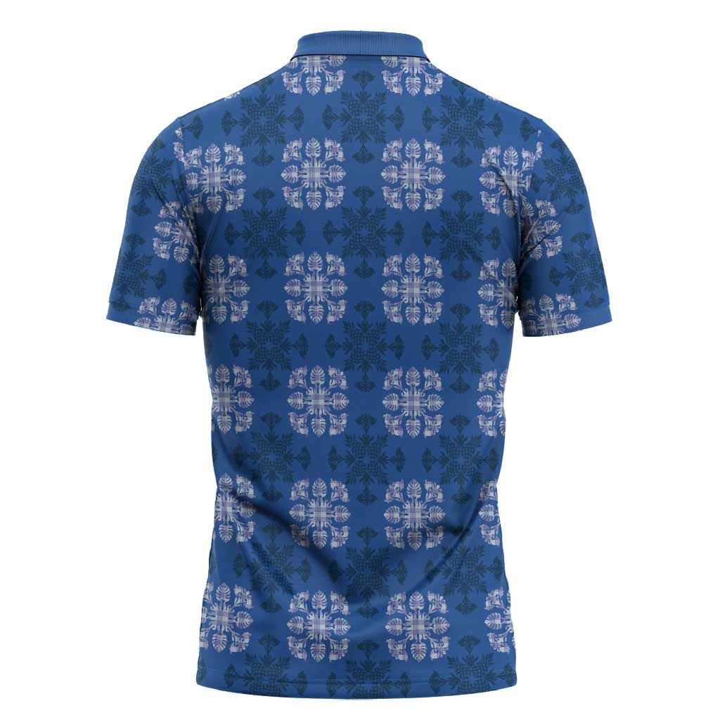 Royal Blue Hawaiian Quilt Zipper Polo Shirt Hawaii Pineapple Monstera Palaka Motifs LT14 - Polynesian Pride
