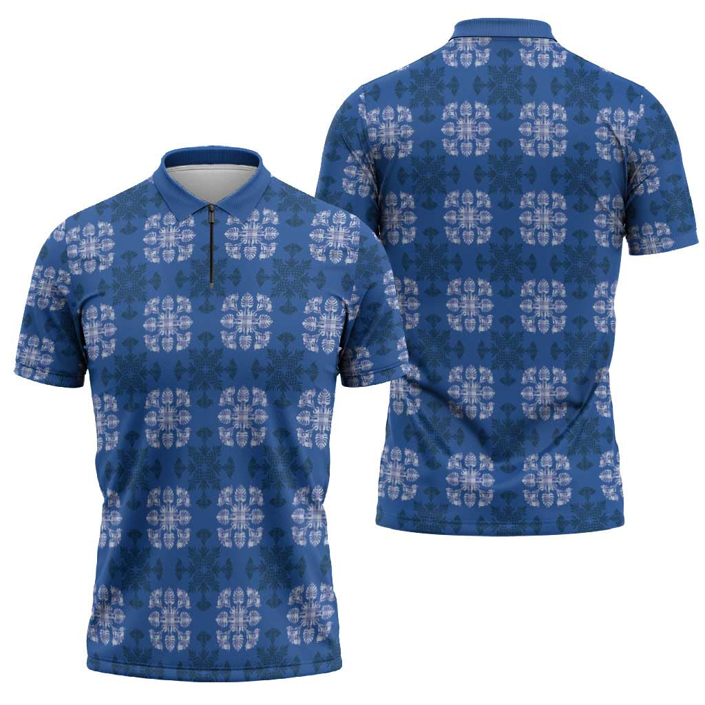Royal Blue Hawaiian Quilt Zipper Polo Shirt Hawaii Pineapple Monstera Palaka Motifs LT14 - Polynesian Pride