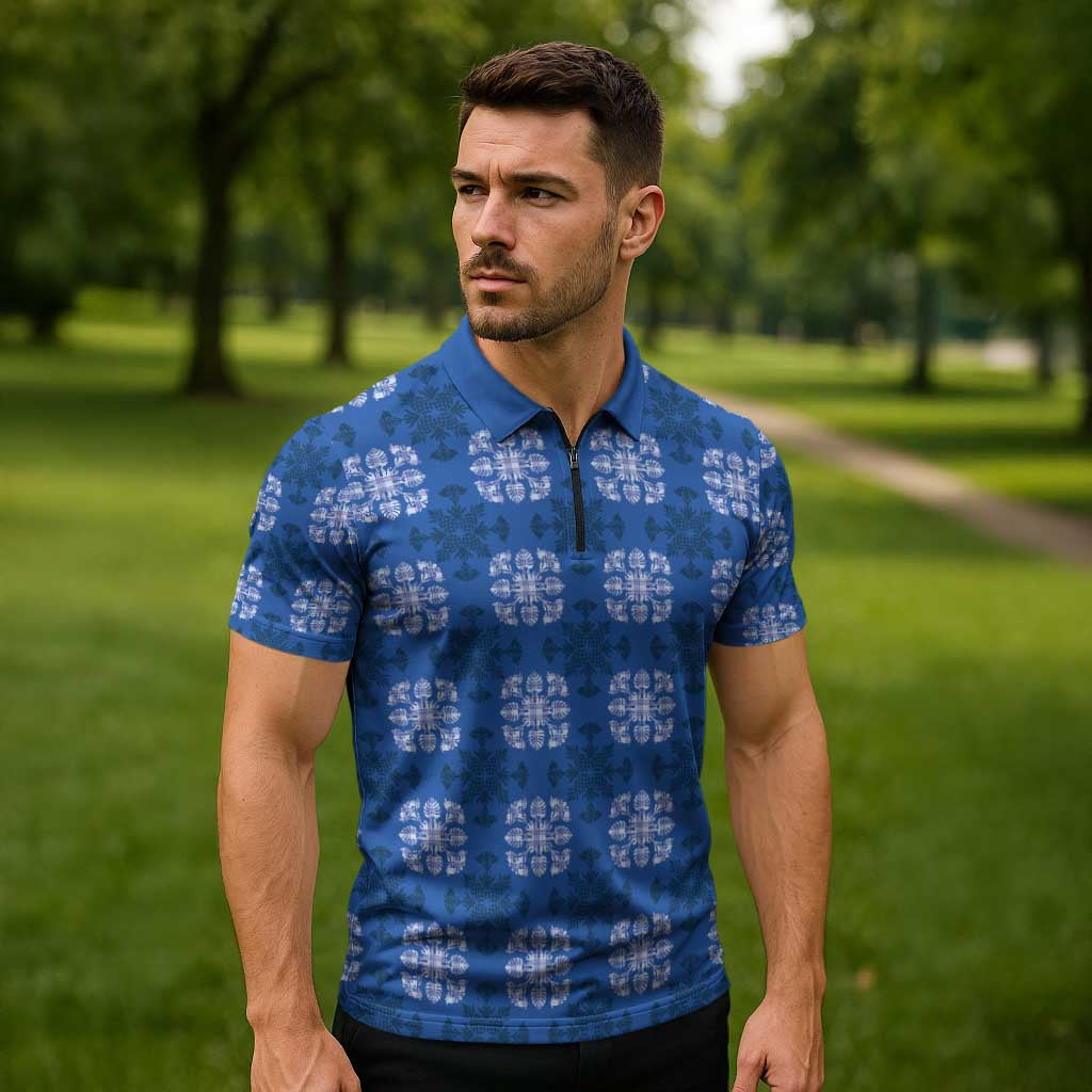 Royal Blue Hawaiian Quilt Zipper Polo Shirt Hawaii Pineapple Monstera Palaka Motifs LT14 - Polynesian Pride