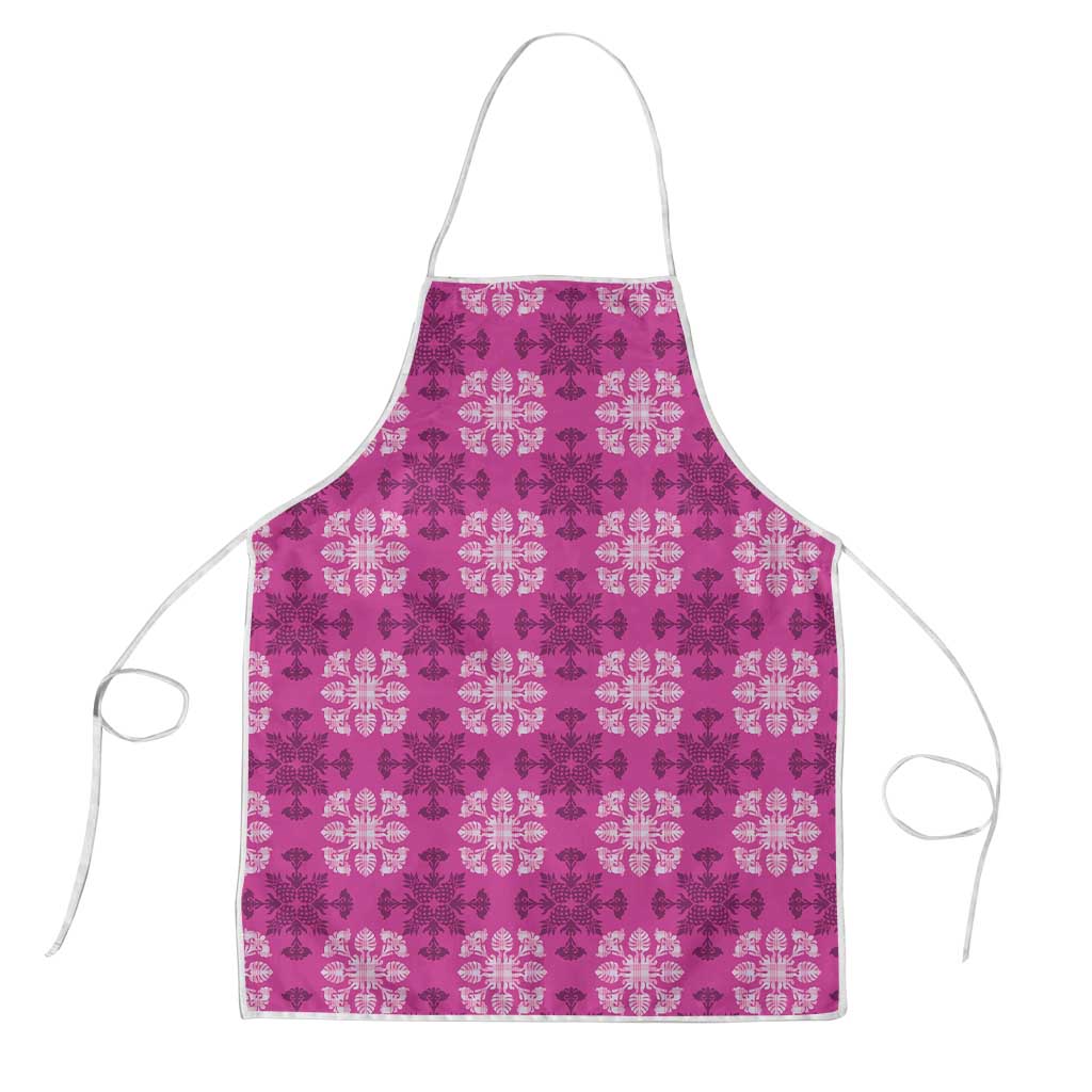 Pink Hawaiian Quilt Apron Hawaii Pineapple Monstera Palaka Motifs - Polynesian Pride