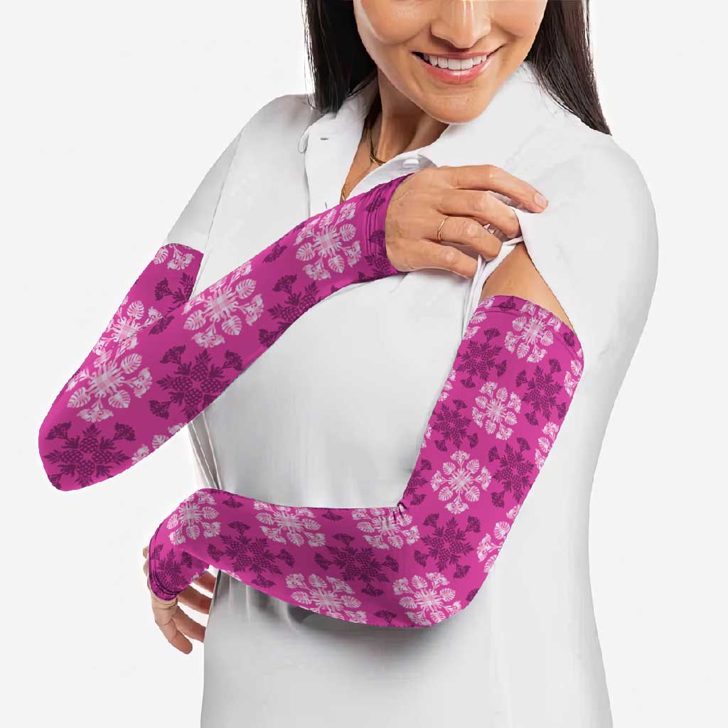 Pink Hawaiian Quilt Arm Sleeves Hawaii Pineapple Monstera Palaka Motifs - Polynesian Pride