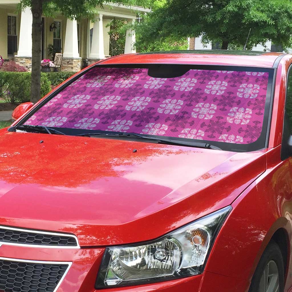 Pink Hawaiian Quilt Auto Sun Shade Hawaii Pineapple Monstera Palaka Motifs - Polynesian Pride