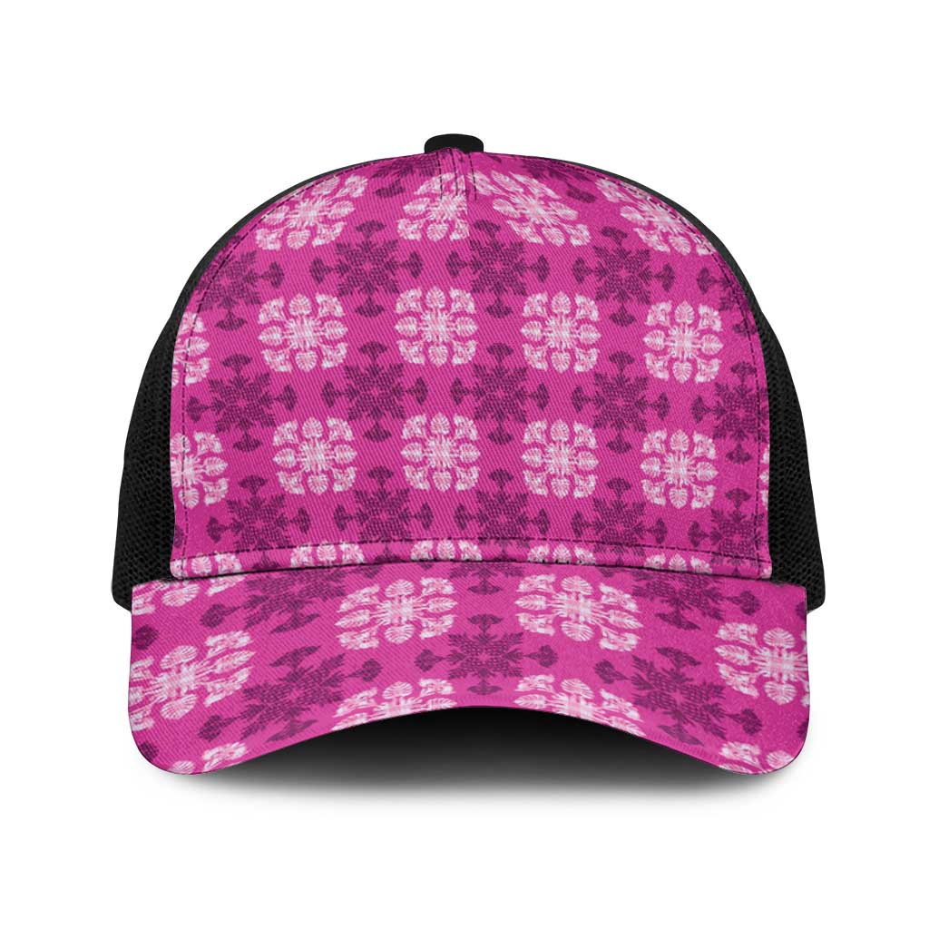 Pink Hawaiian Quilt Baseball Net Cap Hawaii Pineapple Monstera Palaka Motifs - Polynesian Pride