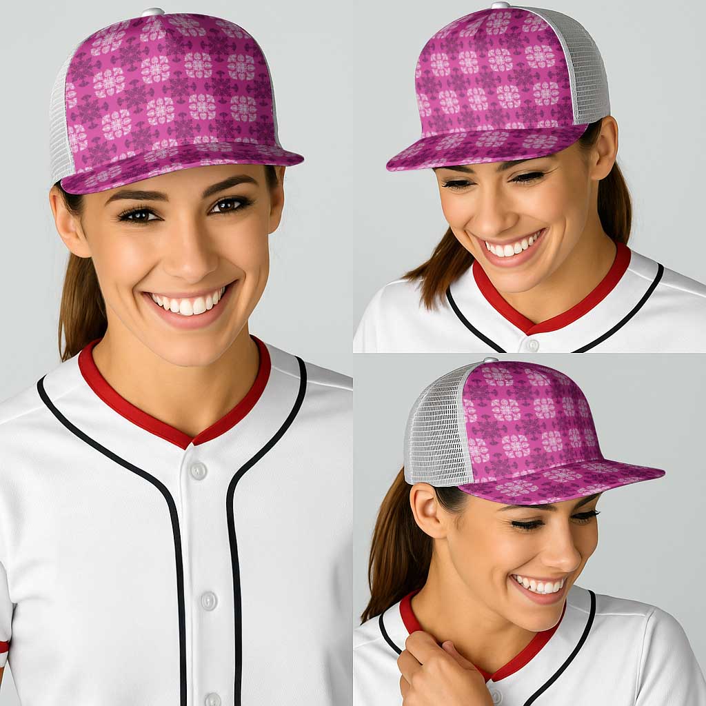 Pink Hawaiian Quilt Baseball Net Cap Hawaii Pineapple Monstera Palaka Motifs - Polynesian Pride