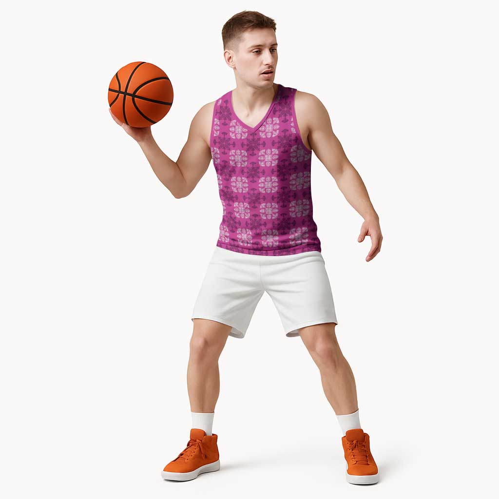 Pink Hawaiian Quilt Basketball Jersey Hawaii Pineapple Monstera Palaka Motifs - Polynesian Pride
