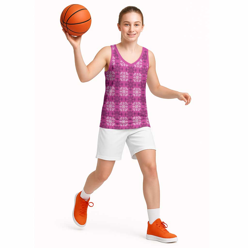 Pink Hawaiian Quilt Basketball Jersey Hawaii Pineapple Monstera Palaka Motifs - Polynesian Pride