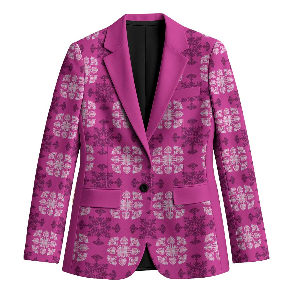 Pink Hawaiian Quilt Blazer Hawaii Pineapple Monstera Palaka Motifs - Polynesian Pride
