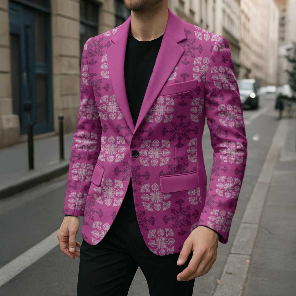 Pink Hawaiian Quilt Blazer Hawaii Pineapple Monstera Palaka Motifs - Polynesian Pride
