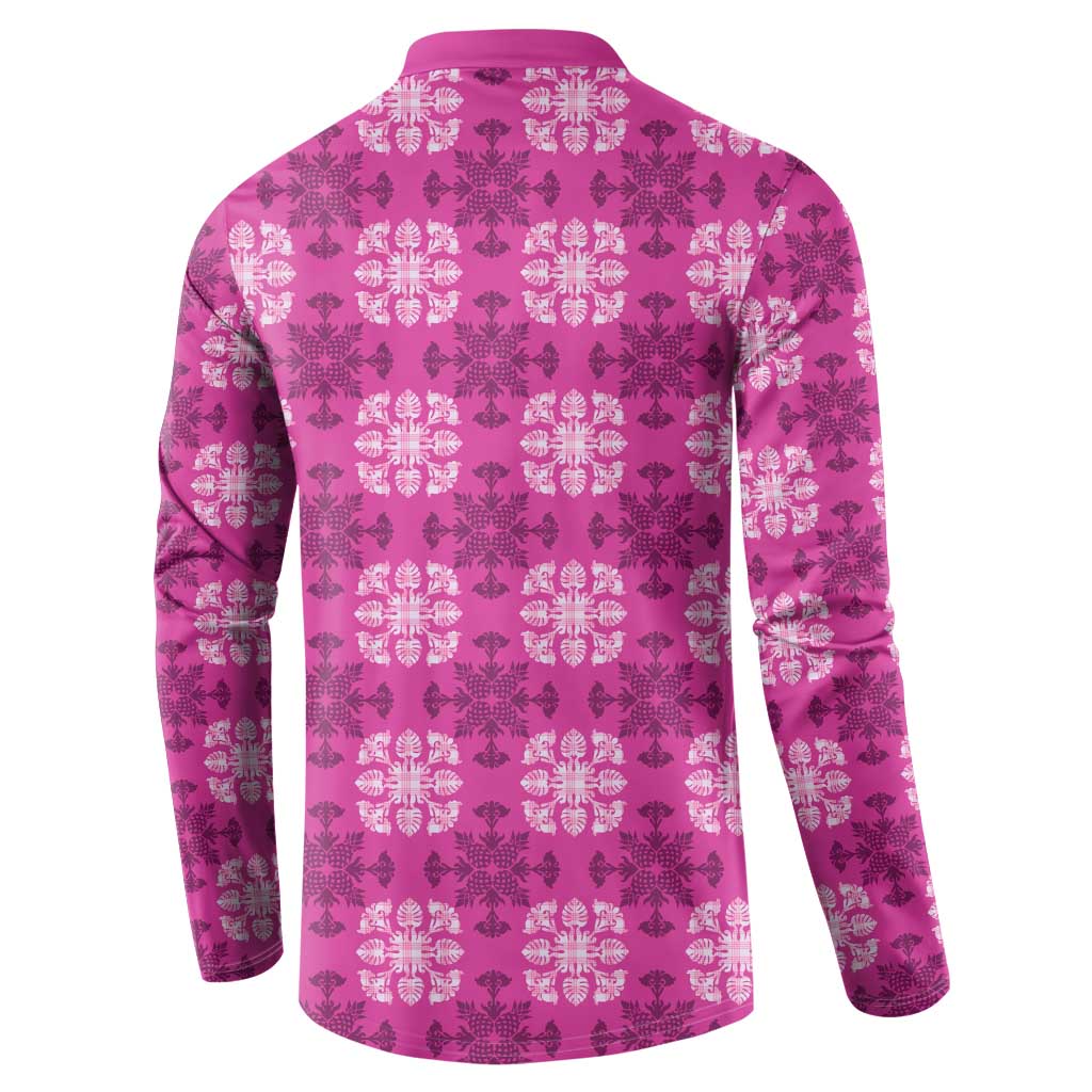 Pink Hawaiian Quilt Button Sweatshirt Hawaii Pineapple Monstera Palaka Motifs - Polynesian Pride