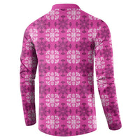 Pink Hawaiian Quilt Button Sweatshirt Hawaii Pineapple Monstera Palaka Motifs - Polynesian Pride