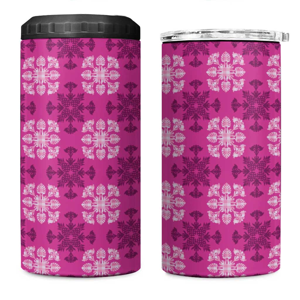 Pink Hawaiian Quilt 4 in 1 Can Cooler Tumbler Hawaii Pineapple Monstera Palaka Motifs LT14 One Size: 16 oz Pink - Polynesian Pride