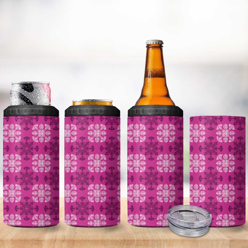 Pink Hawaiian Quilt 4 in 1 Can Cooler Tumbler Hawaii Pineapple Monstera Palaka Motifs LT14 - Polynesian Pride