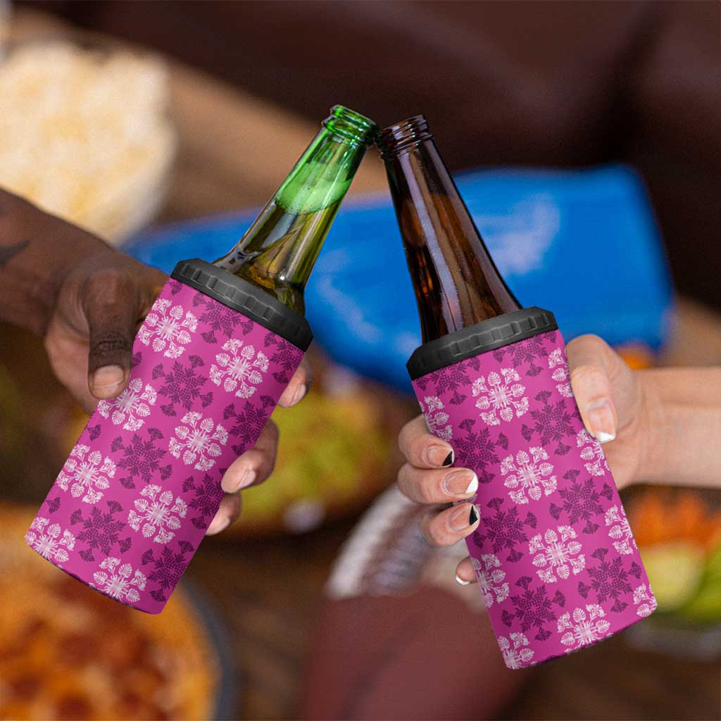 Pink Hawaiian Quilt 4 in 1 Can Cooler Tumbler Hawaii Pineapple Monstera Palaka Motifs LT14 - Polynesian Pride