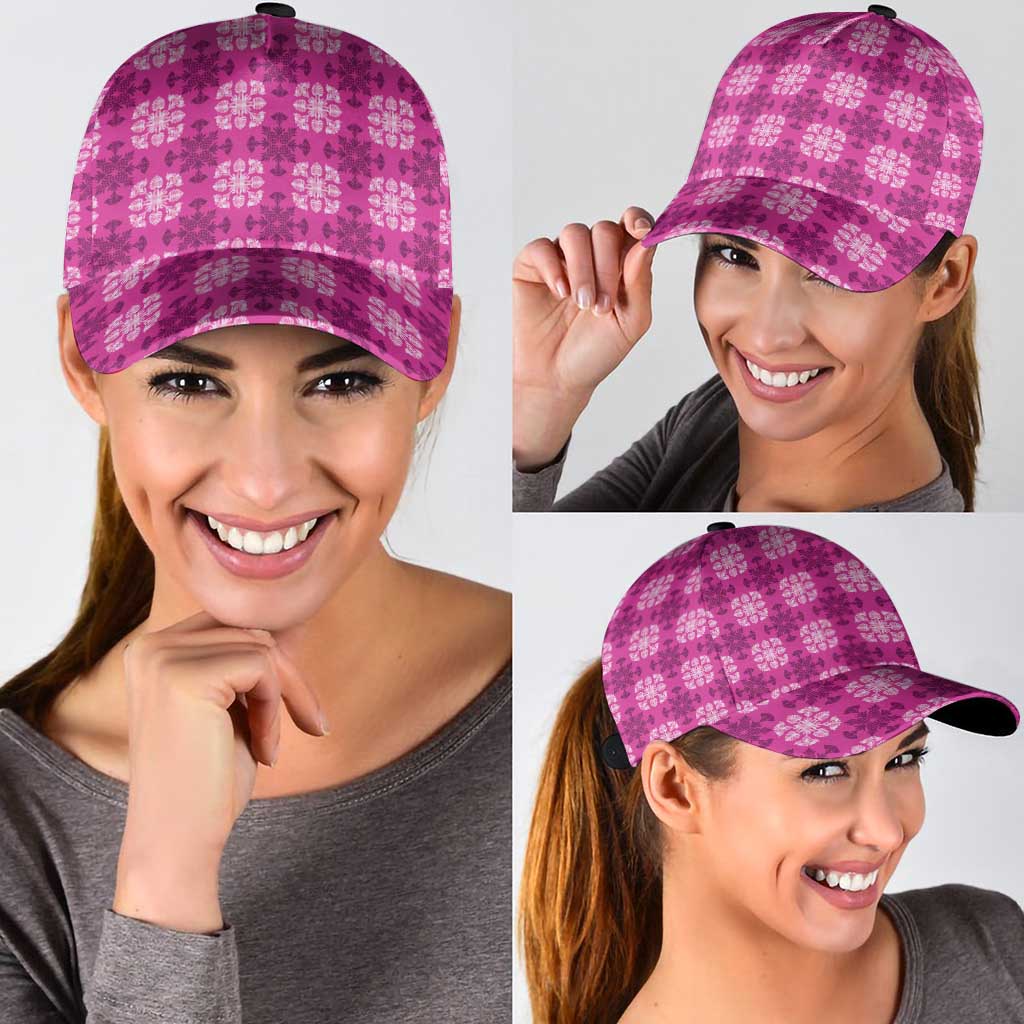Pink Hawaiian Quilt Classic Cap Hawaii Pineapple Monstera Palaka Motifs - Polynesian Pride