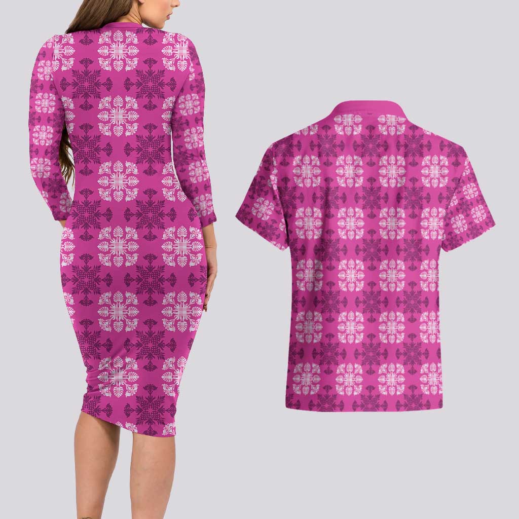 Pink Hawaiian Quilt Couples Matching Long Sleeve Bodycon Dress and Hawaiian Shirt Hawaii Pineapple Monstera Palaka Motifs LT14 - Polynesian Pride