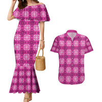 Pink Hawaiian Quilt Couples Matching Mermaid Dress and Hawaiian Shirt Hawaii Pineapple Monstera Palaka Motifs LT14 Pink - Polynesian Pride