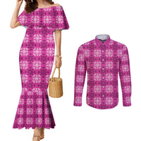 Pink Hawaiian Quilt Couples Matching Mermaid Dress and Long Sleeve Button Shirt Hawaii Pineapple Monstera Palaka Motifs LT14 Pink - Polynesian Pride