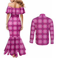 Pink Hawaiian Quilt Couples Matching Mermaid Dress and Long Sleeve Button Shirt Hawaii Pineapple Monstera Palaka Motifs LT14 - Polynesian Pride