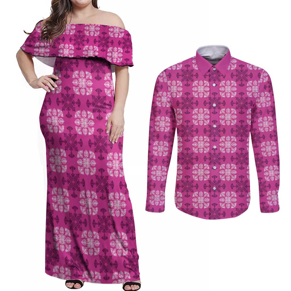 Pink Hawaiian Quilt Couples Matching Off Shoulder Maxi Dress and Long Sleeve Button Shirt Hawaii Pineapple Monstera Palaka Motifs LT14 Pink - Polynesian Pride